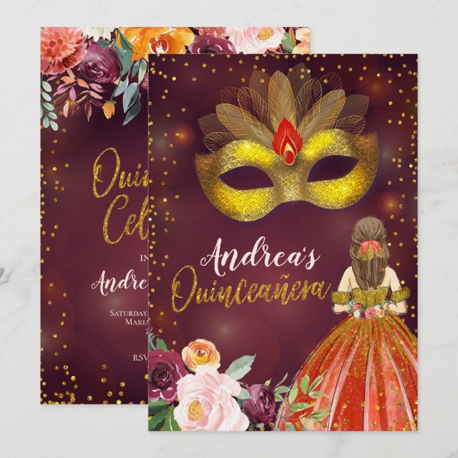 Invitation Red and Gold Mexicaine Princesse Quinceañera Anniv (Devant / Derrière)