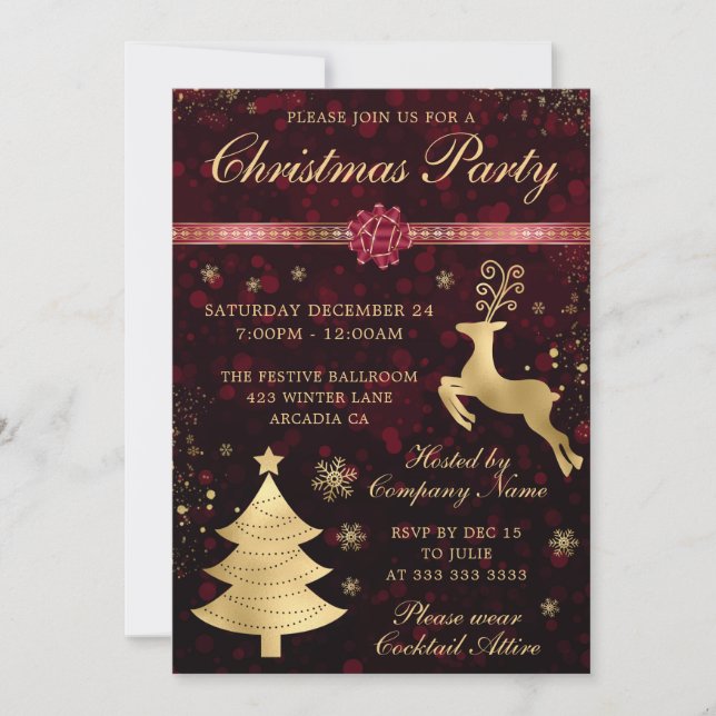 Invitation Red and Gold Reindee et Tree Christmas Party (Devant)