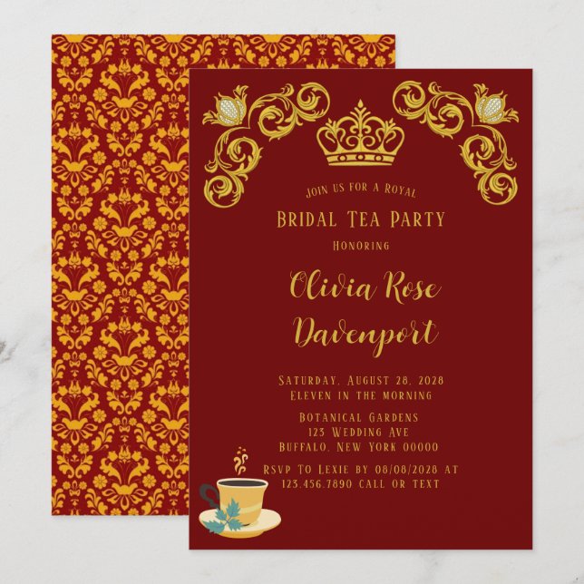 Invitation Red and Gold Royal Crown Damask Bride Tea Party (Devant / Derrière)