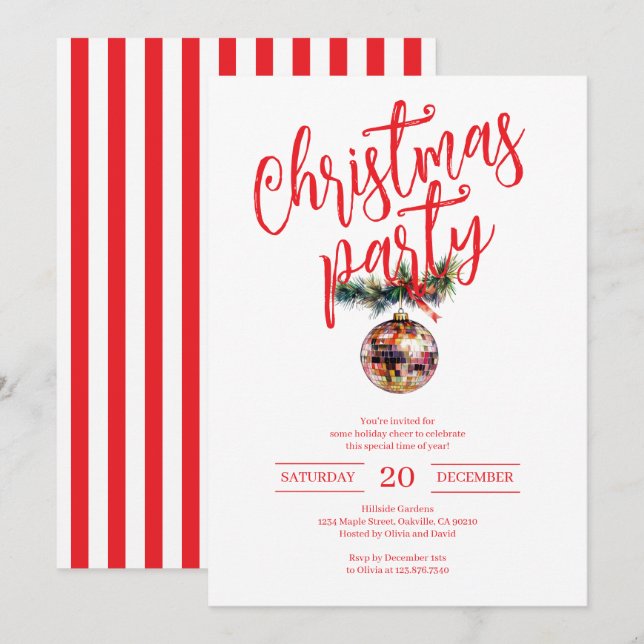 Invitation Red and White Christmas Party Disco Ball (Devant / Derrière)