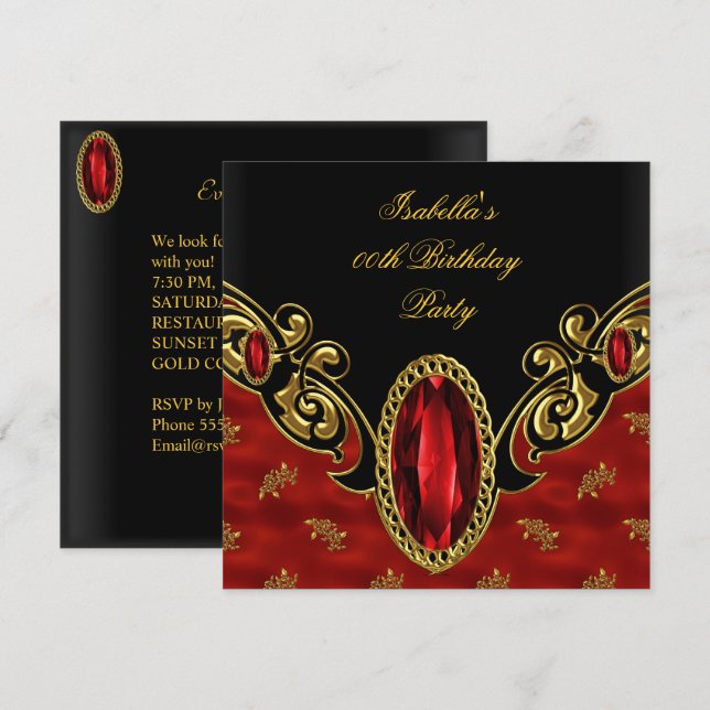 Invitation Red Asian Black & Gold fête d'anniversaire (Devant / Derrière)