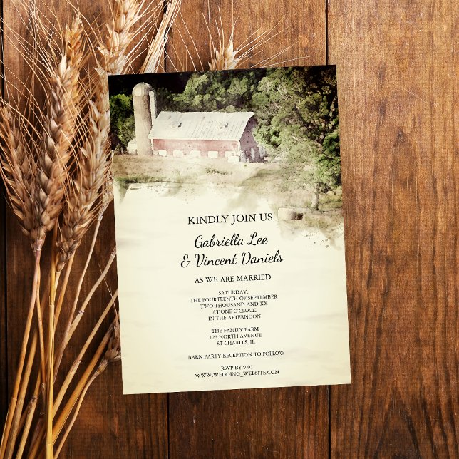 Invitation Red Barn Country Farm Mariage aquarelle (Créateur téléchargé)