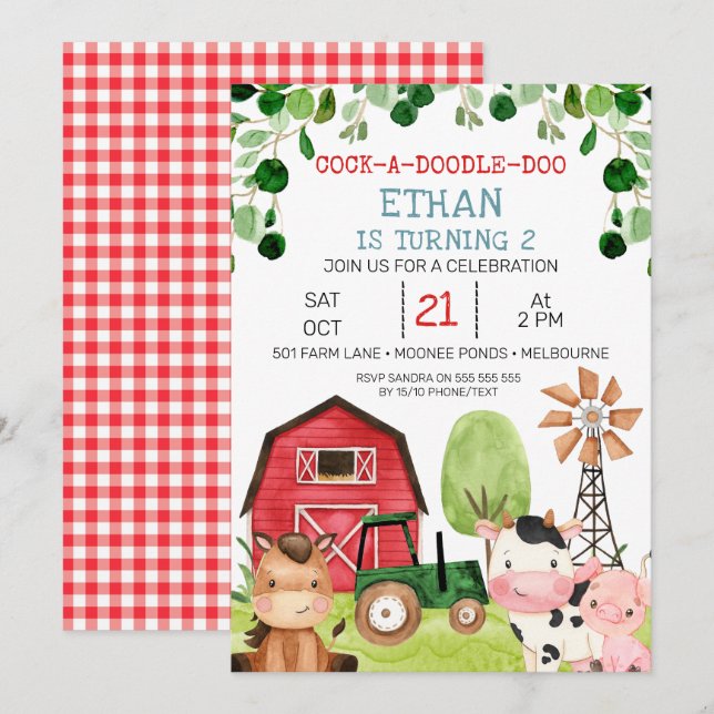 Invitation Red Barn Green Tractor Ferme Ferme Ferme Ferme Ann (Devant / Derrière)