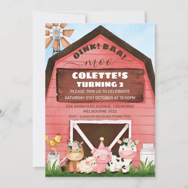 Invitation Red Barn Oink Baa Moo Animaux de ferme Anniversair (Devant)