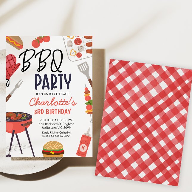 Invitation Red Bbq Red Oven Mitt Girls Bbq Anniversaire (Bbq birthday party invitation, Backyard Bbq Birthday Invitation, Gingham, red mitt, Summer Bbq Party)