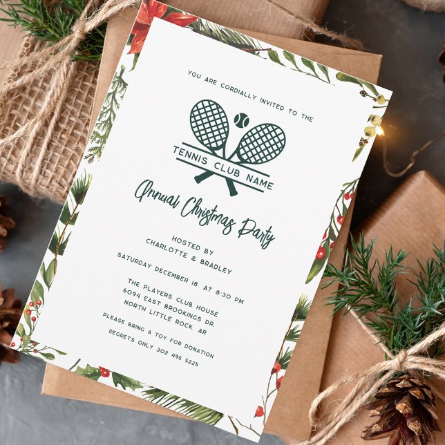 Invitation Red Berries Green Tennis Club Noël (Tennis Club Script Botanical Christmas Party Invitation)