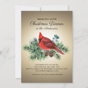 Invitation Red Bird Cardinal Pine Branches Dîner de Noël