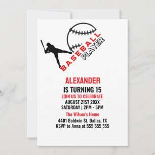 Invitation Red Black Baseball Girl Boy Birthday Party