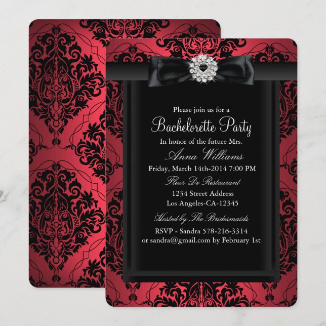 Invitation Red & Black Chic Damask Bachelorette Party (Devant / Derrière)