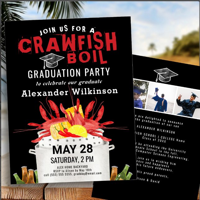 Invitation Red Black Crawfish Boil 3 Photo Graduation Party (Créateur téléchargé)