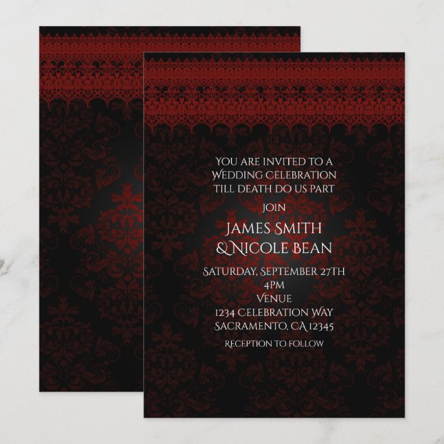 Invitation Red Black Damask & dentelle Gothique Romantique In (Devant / Derrière)