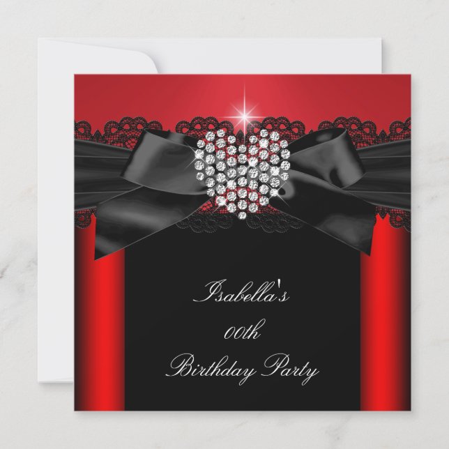 Invitation Red Black Diamond Heart Élégante fête d'anniversai (Devant)