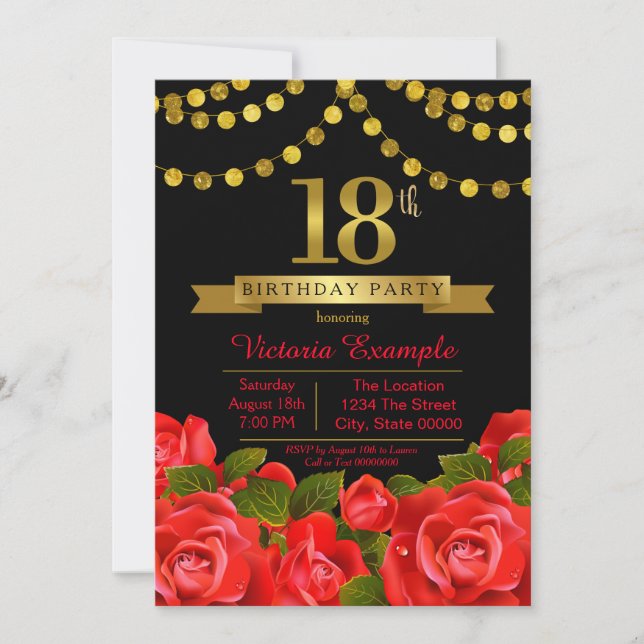 Invitation Red Black Gold 18e fête d'anniversaire (Devant)