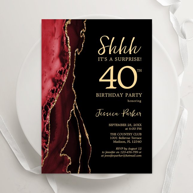 Invitation Red Black Gold Agate Surprise 40e anniversaire (Créateur téléchargé)