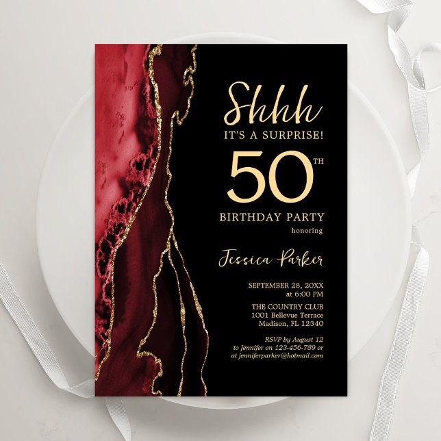 Invitation Red Black Gold Agate Surprise 50e anniversaire (Créateur téléchargé)