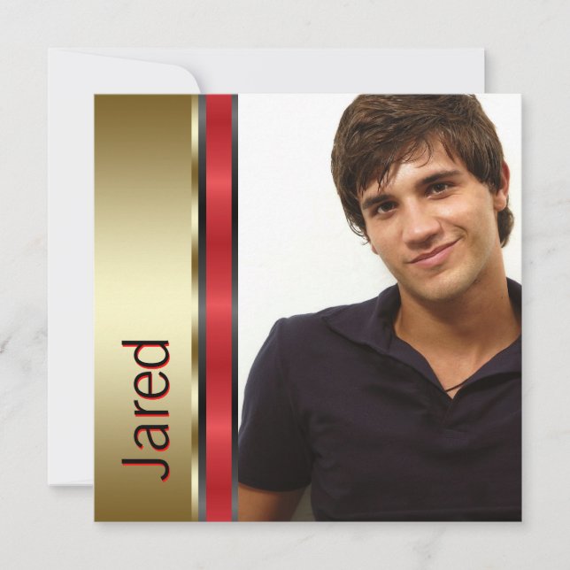 Invitation Red Black Gold Boys Photo Graduation Annonce (Devant)