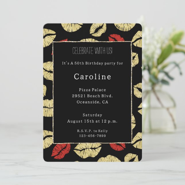 Invitation Red Black Gold Lips 50e anniversaire (Debout devant)