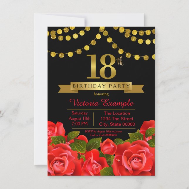 Invitation Red Black Gold Red Rose 18e fête d'anniversaire (Devant)