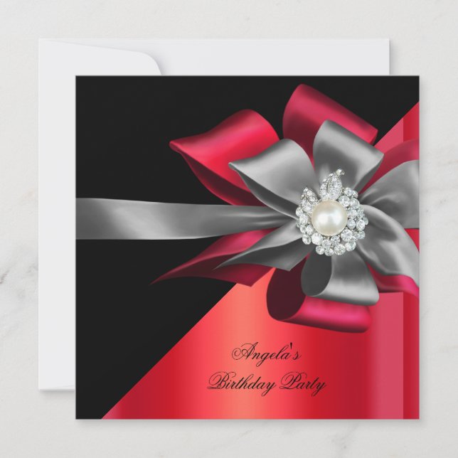 Invitation Red Black Grey Argent Bow Pearthday Party 2 (Devant)