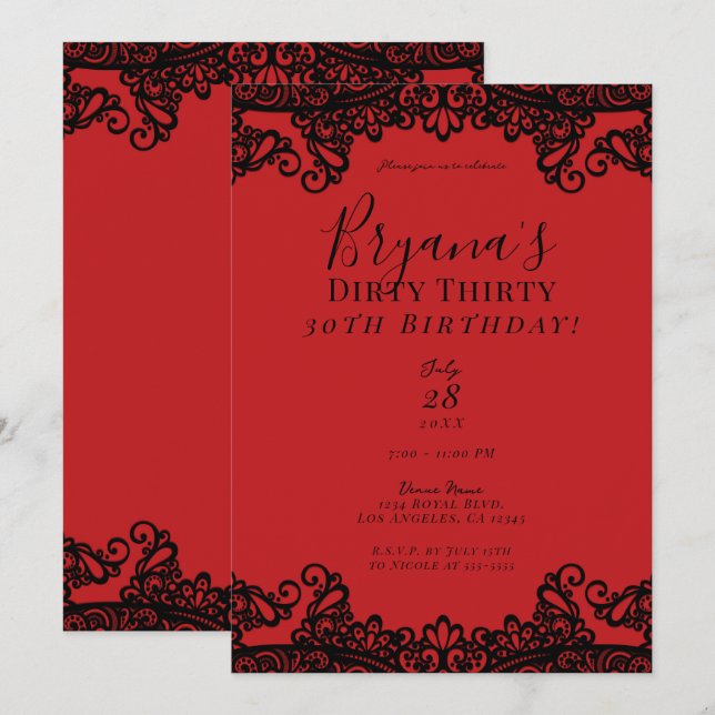 Invitation Red & Black Lace Chic Dirty 30 30e anniversaire (Devant / Derrière)