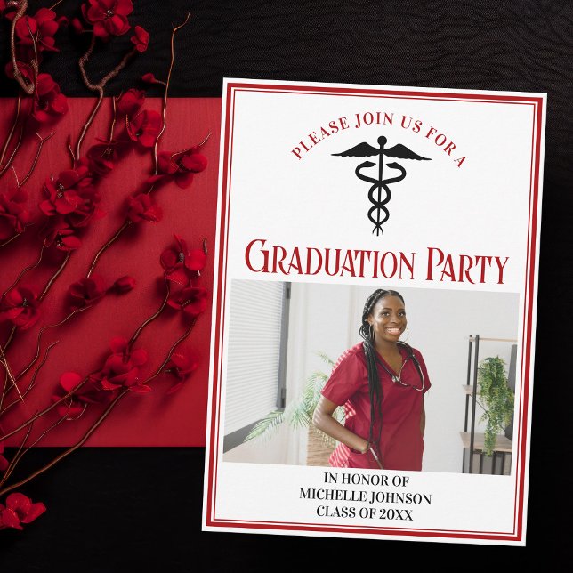 Invitation Red Black Médicale School Graduation Photo Party (Créateur téléchargé)