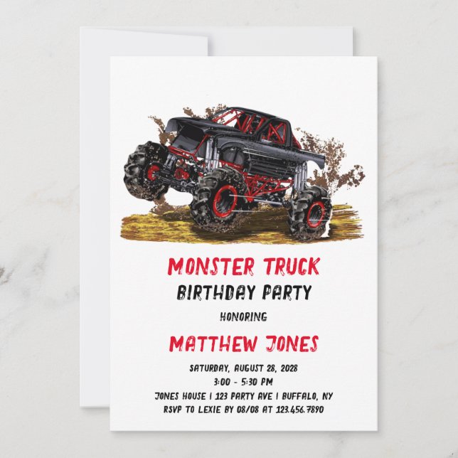 Invitation Red Black Monster Camion Anniversaire Fête Invitat (Devant)