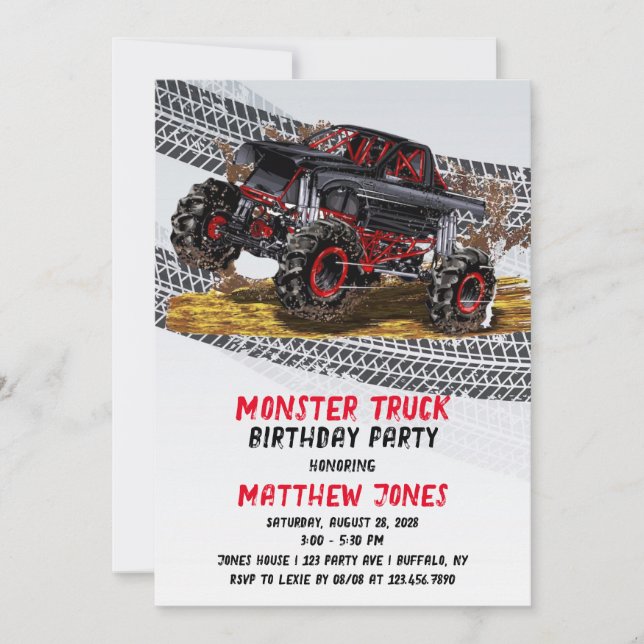 Invitation Red Black Monster Truck fête d'anniversaire (Devant)