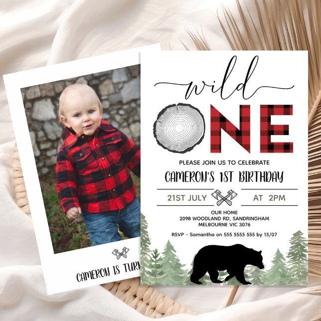 Invitation Red Black Photo Wild One Lumberjack 1er anniversai (Wild One Lumberjack 1st Birthday Invitation with Photo, Lumberjack First Birthday Party Invite Boy)