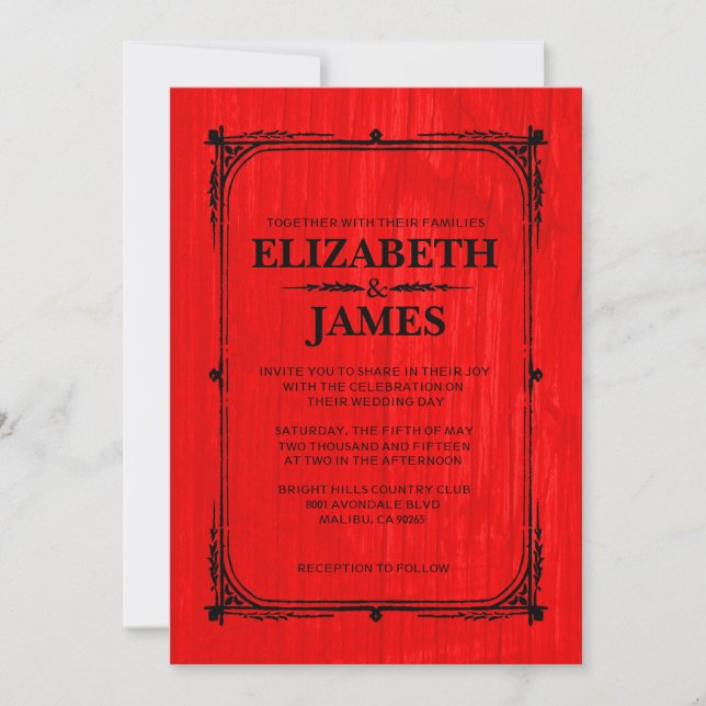 Invitation Red & Black Rustic Grange Bois de mariage Invitati (Devant)