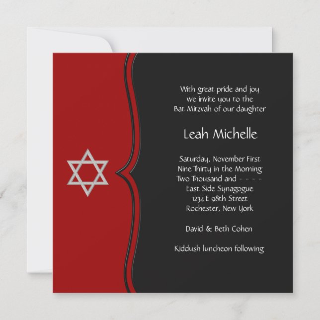 Invitation Red Black Star de David Bat mitzvah (Devant)