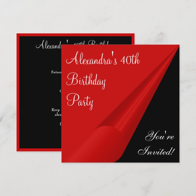 Invitation Red Black & White 40th Birthday Party (Devant / Derrière)