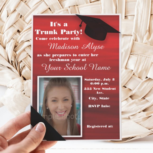 Invitation Red Black White College Trunk Party Dorm Douche (Red and black graduation trunk party photo invitation)