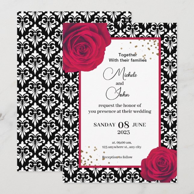Invitation Red Black & White mariage damassé (Devant / Derrière)