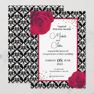 Invitation Red Black & White mariage damassé