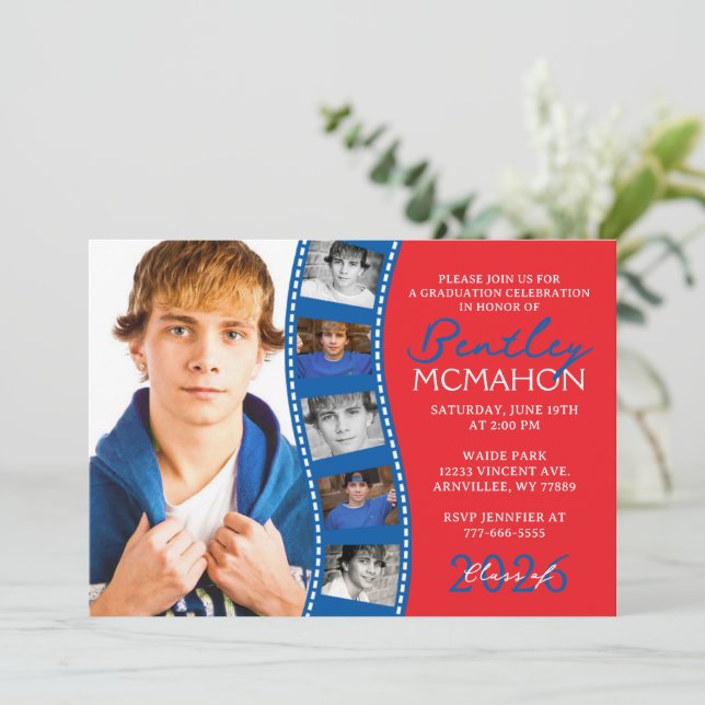 Invitation Red & Blue 6 Photo Filmstrip Graduation Collage (Debout devant)