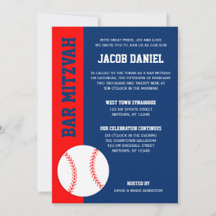 Invitation Red Blue Baseball Bar Mitzvah