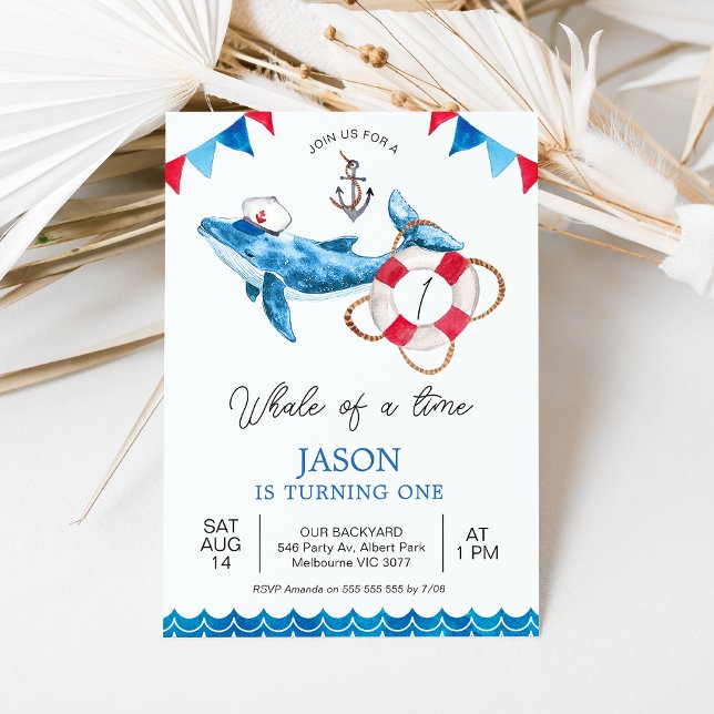 Invitation Red Blue Boys Baleine d'un temps 1er anniversaire (Whale Themed 1st Birthday Invitation, Whale of a Time Birthday Invitation Baby Boy, Nautical Invite)