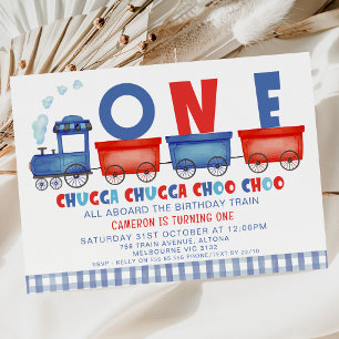 Invitation Red Blue Chugga Chugga Train 1er anniversaire