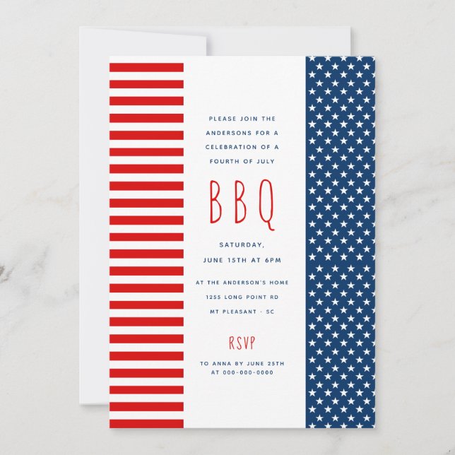 Invitation Red Blue Drapeau BBQ Patriotique 4 juillet Parti I (Devant)
