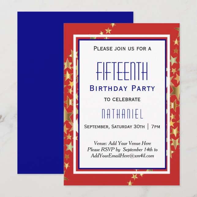 Invitation Red Blue Golden Stars 15e anniversaire GARÇON (Devant / Derrière)