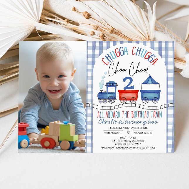 Invitation Red Blue Modern Arch Train photo Anniversaire (Blue and Red Train Birthday Invitation for Boy , Chugga Chugga Train Birthday Invite, Train Themed)