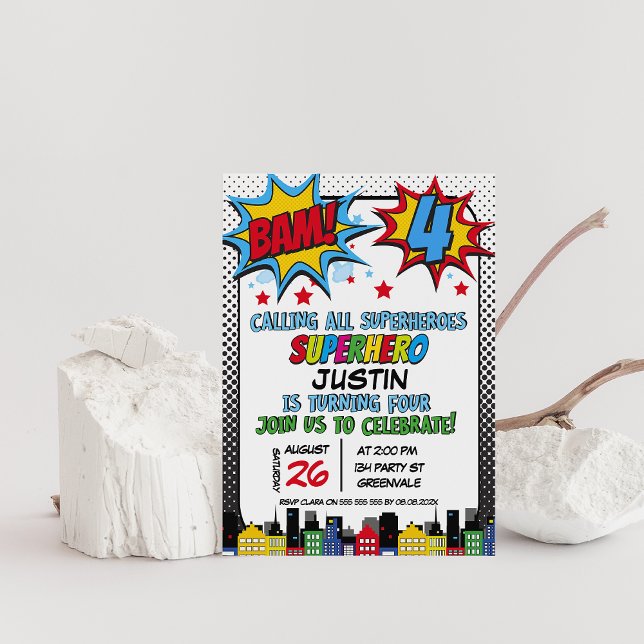 Invitation Red Blue Yellow Bam Superhero 4e anniversaire (Superhero 4th Birthday Party Invitation, Bam superhero birthday invitation, Calling all superheroes)