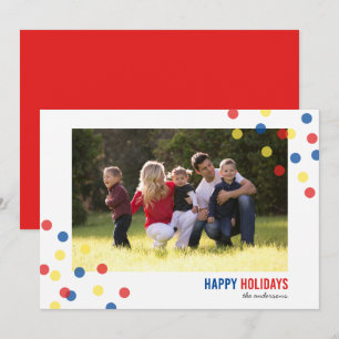 Invitation Red Blue Yellow Confetti Photo Happy Holidays Card