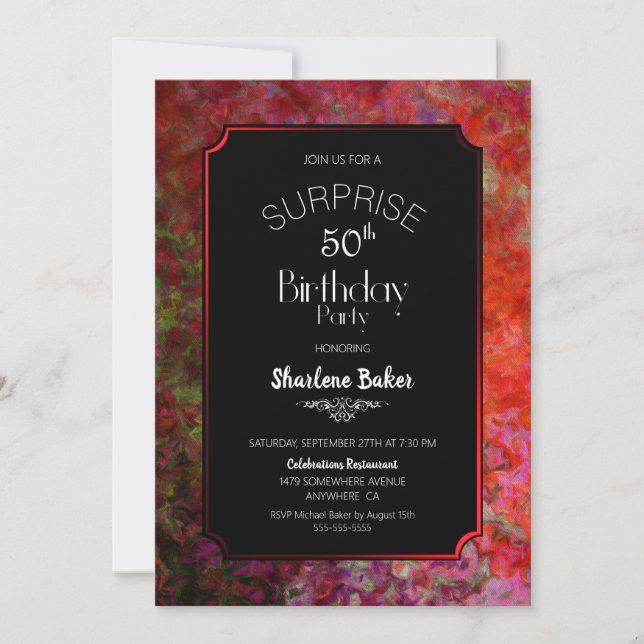 Invitation Red Border Black Surprise 50e fête d'anniversaire (Devant)