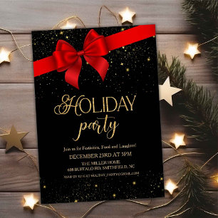 Invitation Red Bow Black & Gold Parties scintillant Holiday