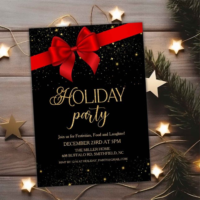 Invitation Red Bow Black & Gold Parties scintillant Holiday (Créateur téléchargé)