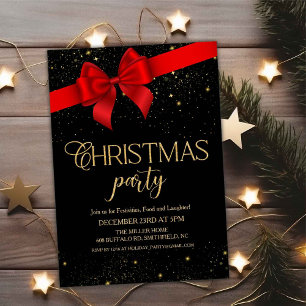 Invitation Red Bow Black & Gold Parties scintillant Noël