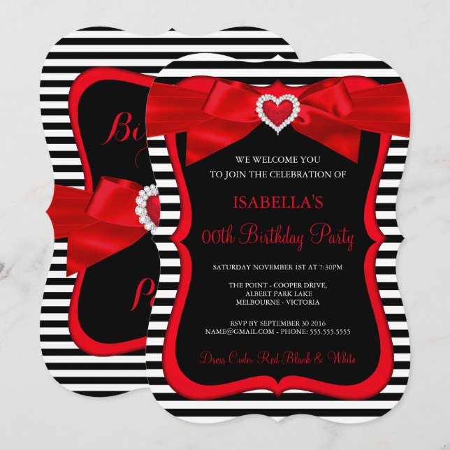 Invitation Red Bow Black White Strik Anniversaire (Devant / Derrière)