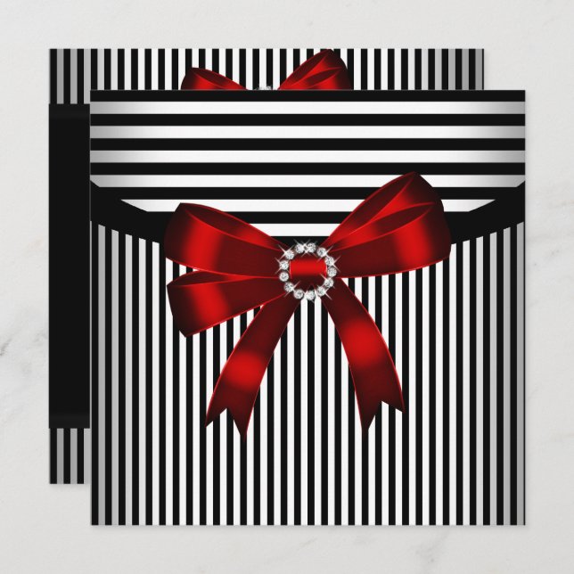 Invitation Red Bow Black White Strik Anniversaire (Devant / Derrière)