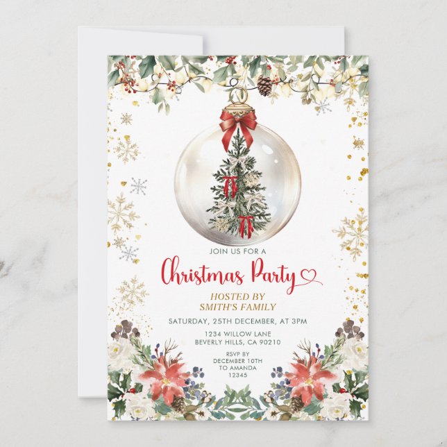 Invitation Red Bow Christmas Party Ornament Holiday Floral (Devant)